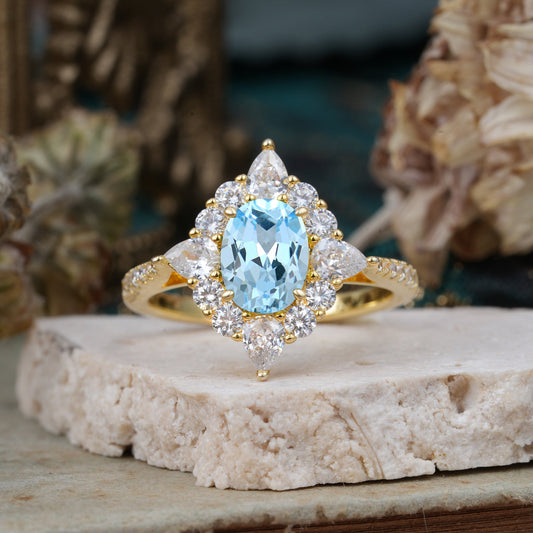 Luxury Oval Cut Halo Pavé Aquamarine Engagement Ring