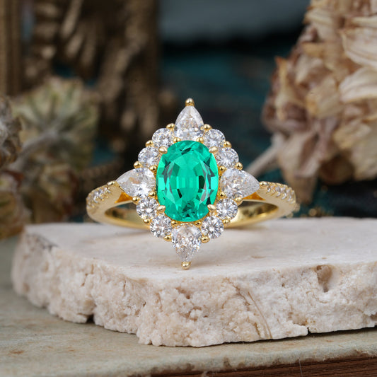 Luxury Oval Cut Halo Pavé Emerald Engagement Ring