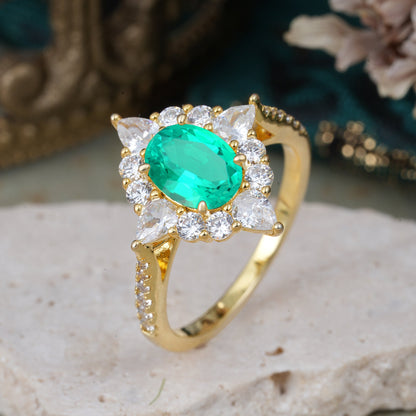 Luxury Oval Cut Halo Pavé Emerald Engagement Ring