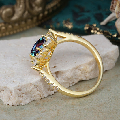 Luxury Oval Cut Halo Pavé Alexandrite Engagement Ring