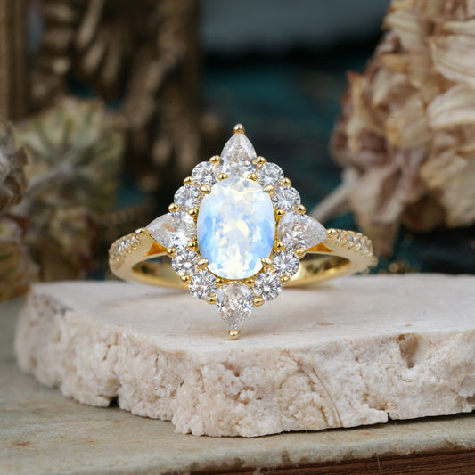 Luxury Oval Cut Halo Pavé Moonstone Engagement Ring