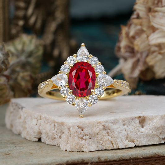 Luxury Oval Cut Halo Pavé Ruby Engagement Ring