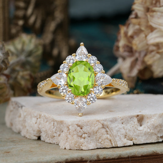 Luxury Oval Cut Halo Pavé Peridot Engagement Ring