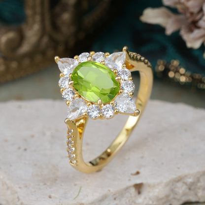 Luxury Oval Cut Halo Pavé Peridot Engagement Ring