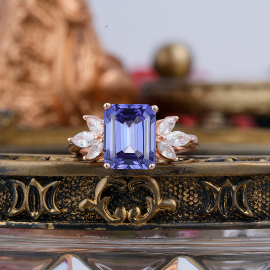 4CT Emerald Cut Tanzanite Vintage 4 Prong Engagement Ring with Marquise Cluster