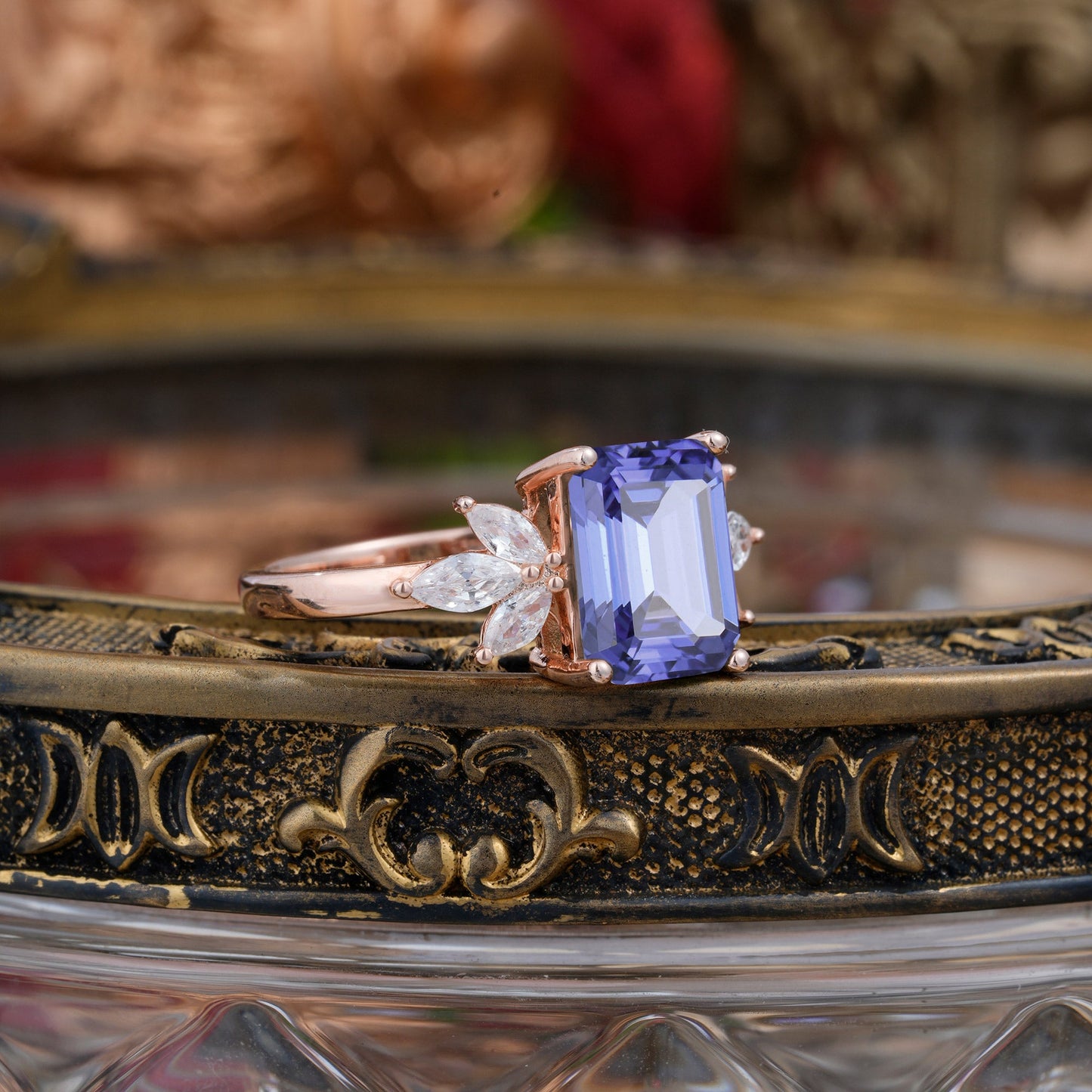 4CT Emerald Cut Tanzanite Vintage 4 Prong Engagement Ring with Marquise Cluster