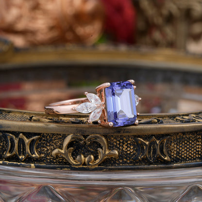 4CT Emerald Cut Tanzanite Vintage 4 Prong Engagement Ring with Marquise Cluster