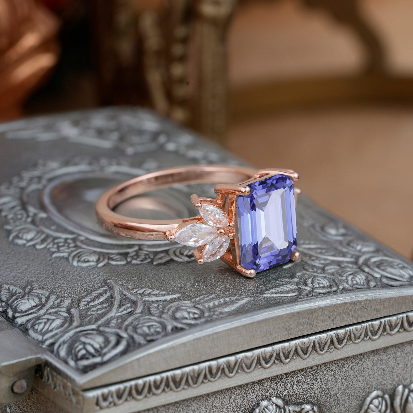 4CT Emerald Cut Tanzanite Vintage 4 Prong Engagement Ring with Marquise Cluster