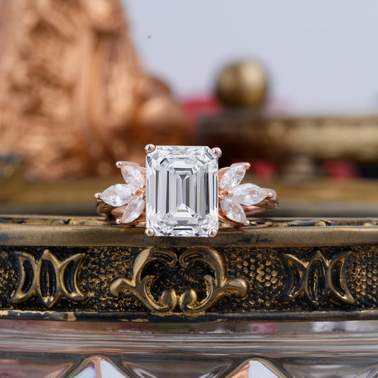4CT Emerald Cut Lab Diamond Vintage 4 Prong Engagement Ring with Marquise Cluster