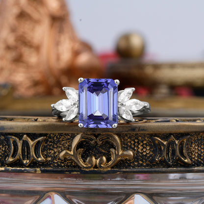 4CT Emerald Cut Tanzanite Vintage 4 Prong Engagement Ring with Marquise Cluster