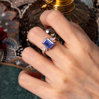 4CT Emerald Cut Tanzanite Vintage 4 Prong Engagement Ring with Marquise Cluster