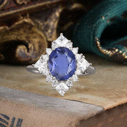 3CT Oval Cut Tanzanite Halo Engagement Ring for Women