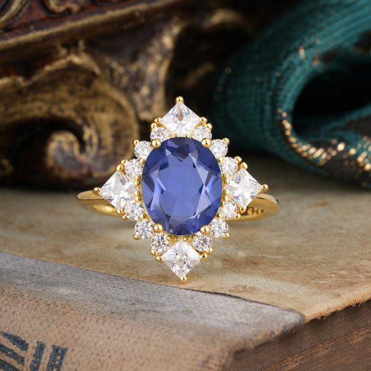 3CT Oval Cut Tanzanite Halo Engagement Ring for Women