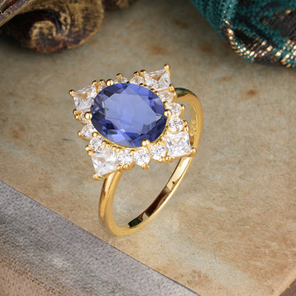 3CT Oval Cut Tanzanite Halo Engagement Ring for Women