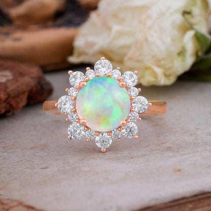 Classic Sparkling Round Cut Fire Opal Engagement Ring with Double Halo