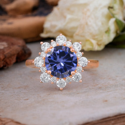 3CT Round Cut Tanzanite Halo Engagement Ring