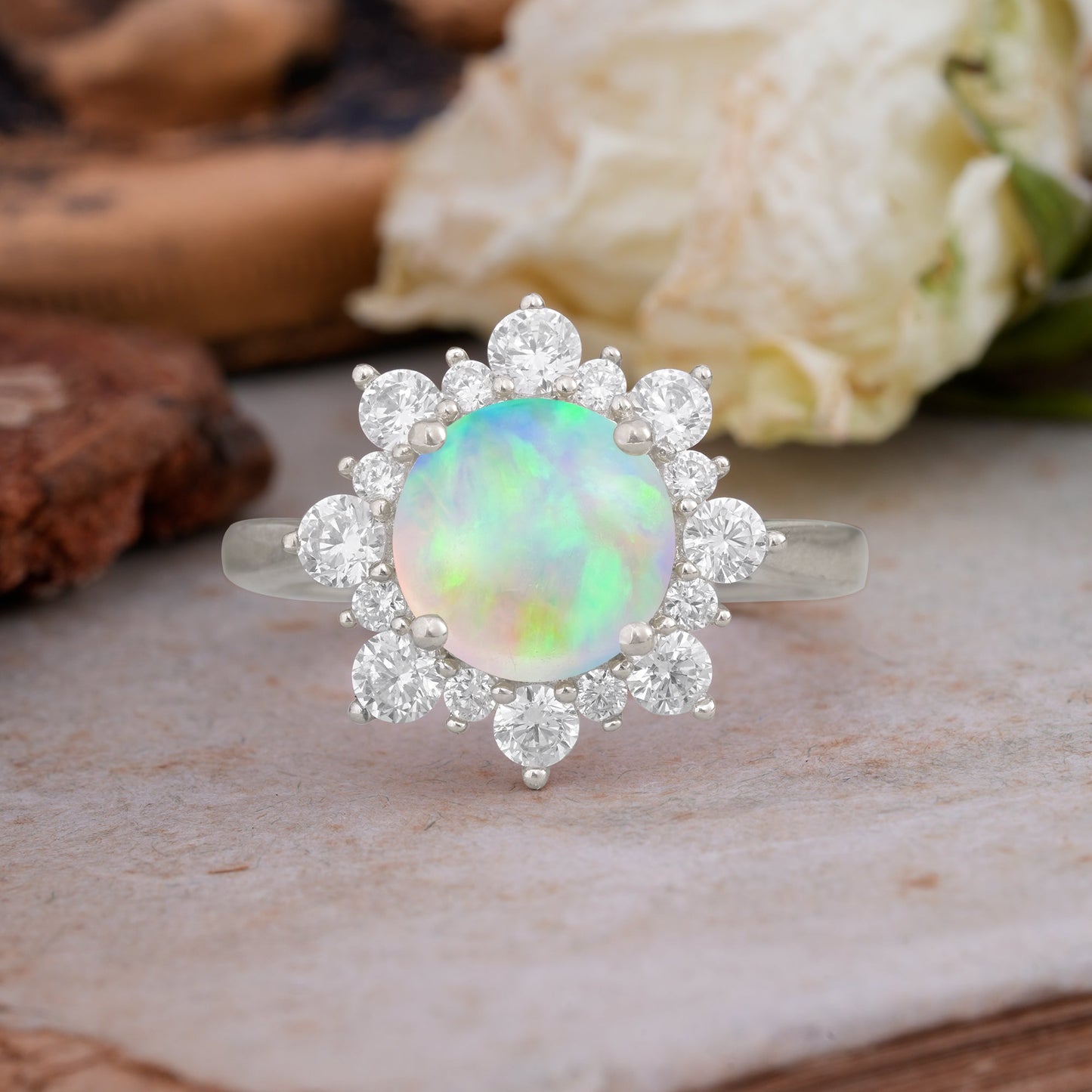 Classic Sparkling Round Cut Fire Opal Engagement Ring with Double Halo