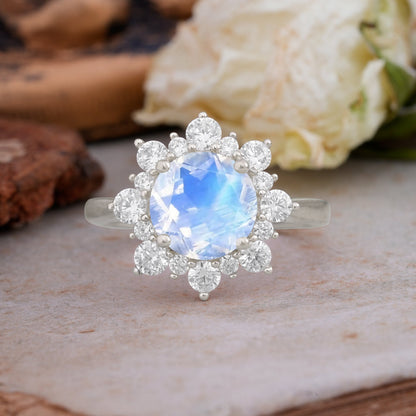 Classic Sparkling Round Cut Moonstone Engagement Ring with Double Halo