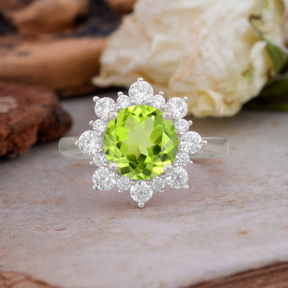 Classic Sparkling Round Cut Peridot Engagement Ring with Double Halo