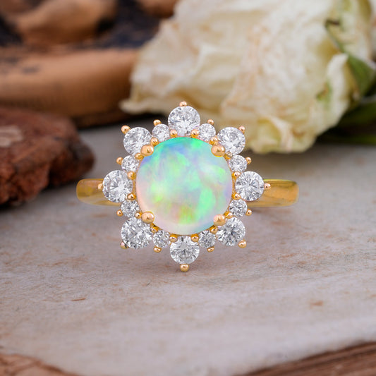 Classic Sparkling Round Cut Fire Opal Engagement Ring with Double Halo