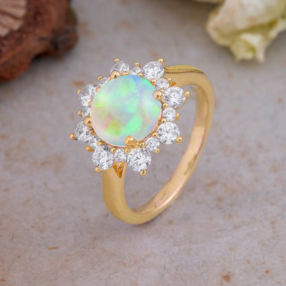Classic Sparkling Round Cut Fire Opal Engagement Ring with Double Halo
