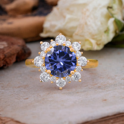 3CT Round Cut Tanzanite Halo Engagement Ring