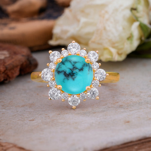 Classic Sparkling Round Cut Turquoise Engagement Ring with Double Halo