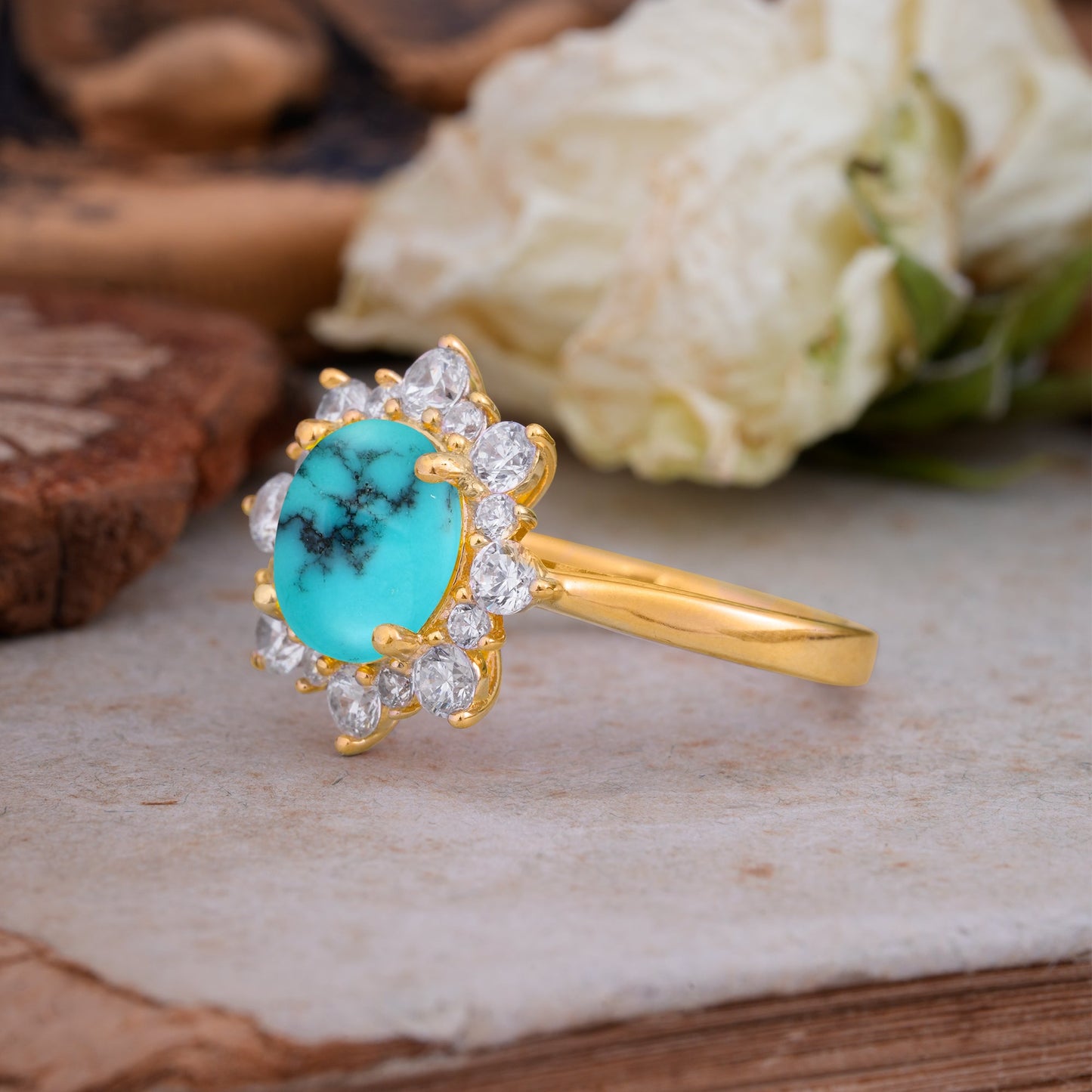 Classic Sparkling Round Cut Turquoise Engagement Ring with Double Halo