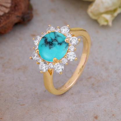 Classic Sparkling Round Cut Turquoise Engagement Ring with Double Halo