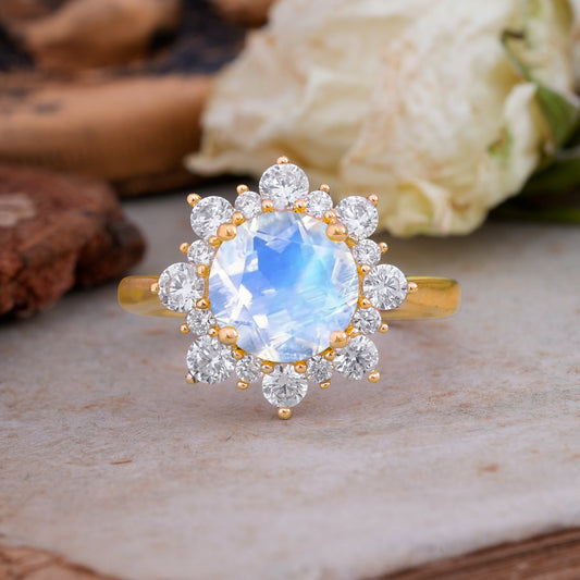 Classic Sparkling Round Cut Moonstone Engagement Ring with Double Halo