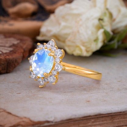 Classic Sparkling Round Cut Moonstone Engagement Ring with Double Halo