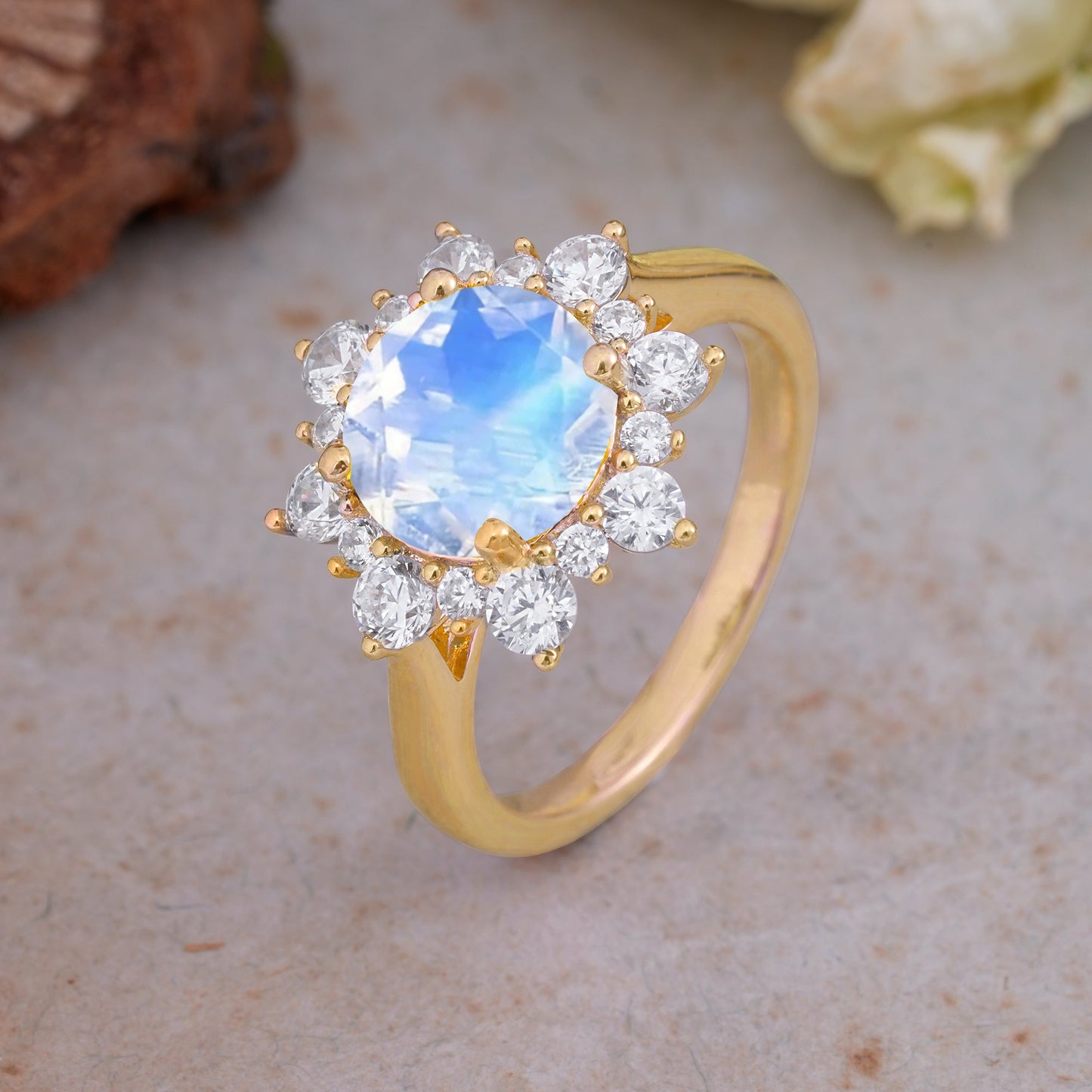 Classic Sparkling Round Cut Moonstone Engagement Ring with Double Halo