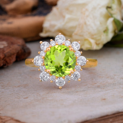 Classic Sparkling Round Cut Peridot Engagement Ring with Double Halo