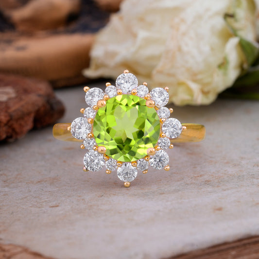 Classic Sparkling Round Cut Peridot Engagement Ring with Double Halo