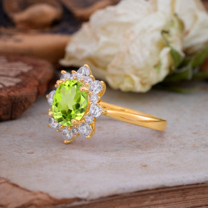 Classic Sparkling Round Cut Peridot Engagement Ring with Double Halo