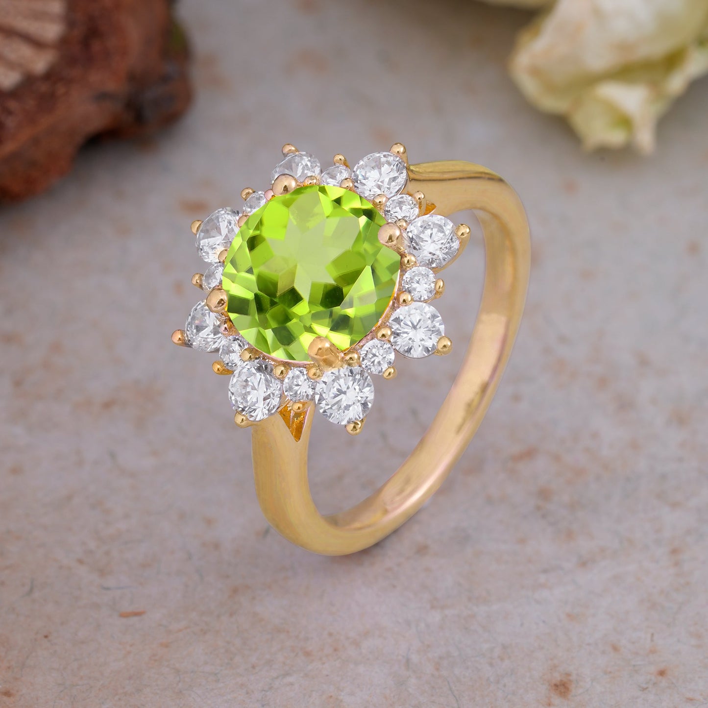 Classic Sparkling Round Cut Peridot Engagement Ring with Double Halo