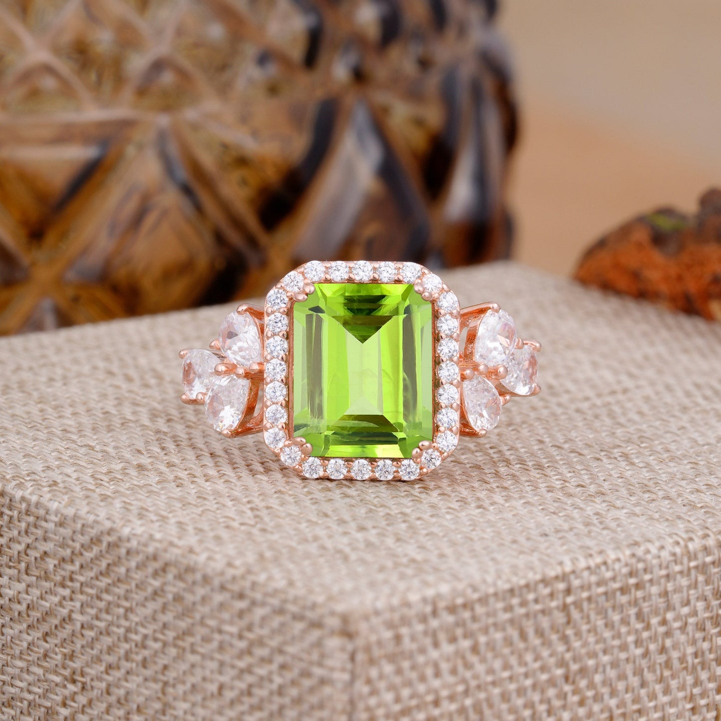 4CT Emerald Cut Peridot Engagement Ring Vintage Classic Side Stones Halo Bridal Ring