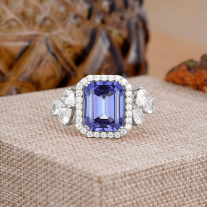 4CT Emerald Cut Tanzanite Engagement Ring Vintage Classic Side Stones Halo Bridal Ring