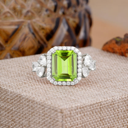 4CT Emerald Cut Peridot Engagement Ring Vintage Classic Side Stones Halo Bridal Ring