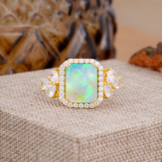 4CT Emerald Cut Fire Opal Engagement Ring Vintage Classic Side Stones Halo Bridal Ring