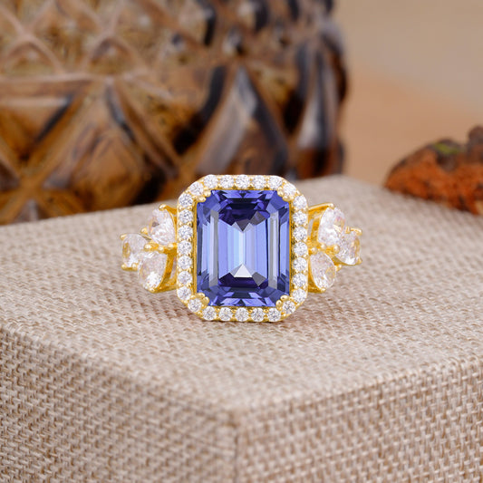 4CT Emerald Cut Tanzanite Engagement Ring Vintage Classic Side Stones Halo Bridal Ring