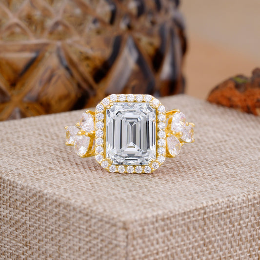 4CT Emerald Cut Lab Diamond Engagement Ring Vintage Classic Side Stones Halo Bridal Ring