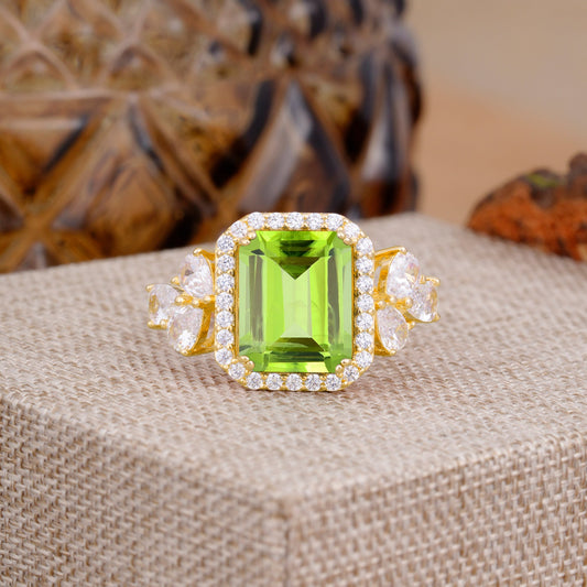 4CT Emerald Cut Peridot Engagement Ring Vintage Classic Side Stones Halo Bridal Ring