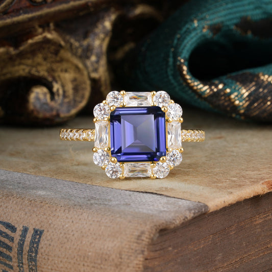 2.5CT Radiant Cut Tanzanite Cluster Engagement Ring