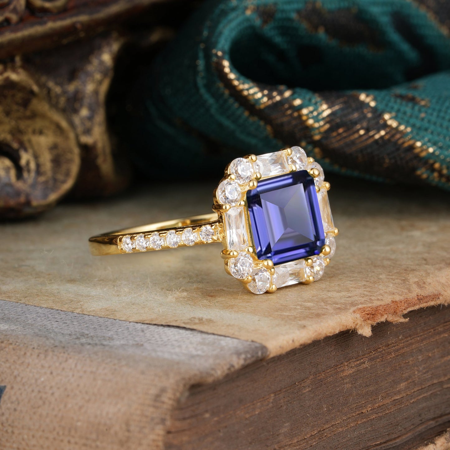 2.5CT Radiant Cut Tanzanite Cluster Engagement Ring