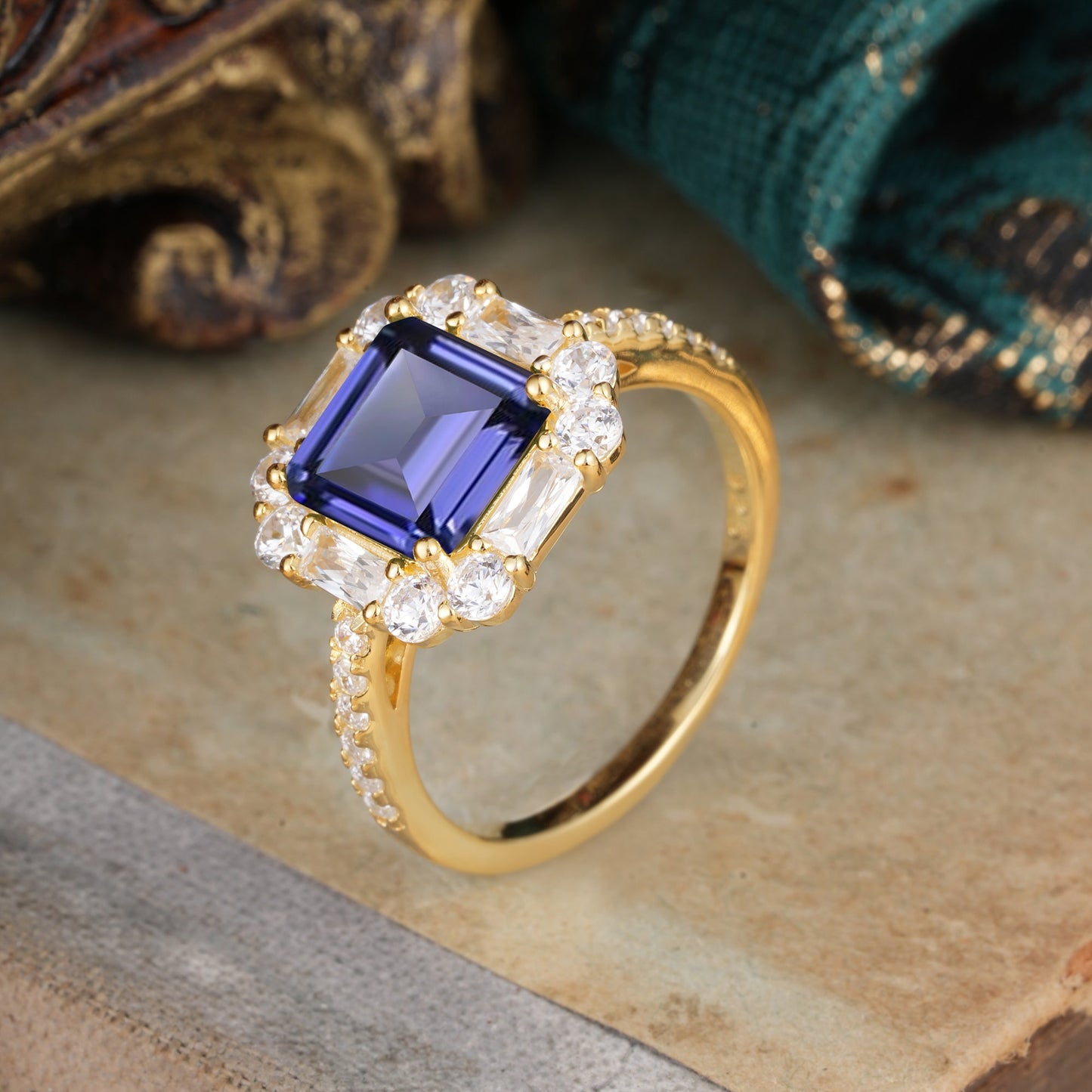 2.5CT Radiant Cut Tanzanite Cluster Engagement Ring