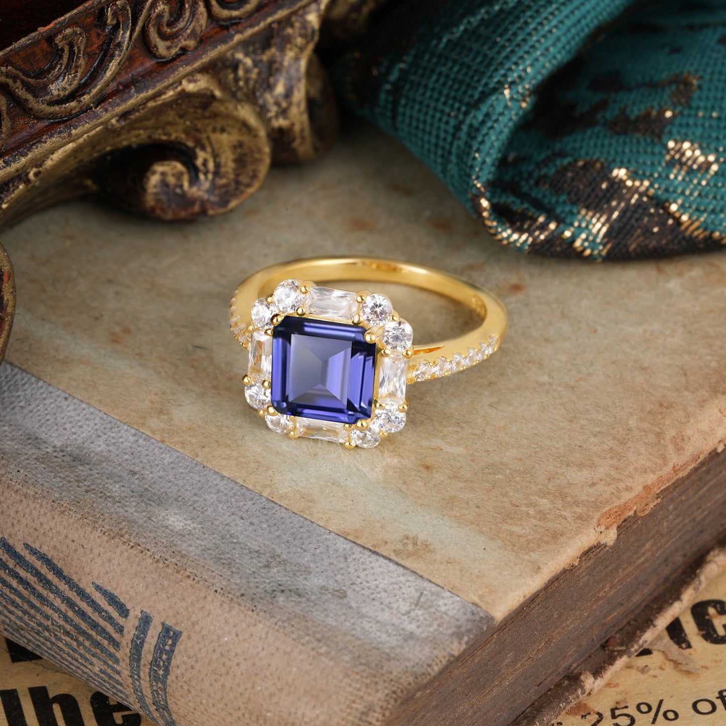 2.5CT Radiant Cut Tanzanite Cluster Engagement Ring