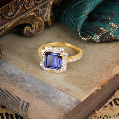 2.5CT Radiant Cut Tanzanite Cluster Engagement Ring