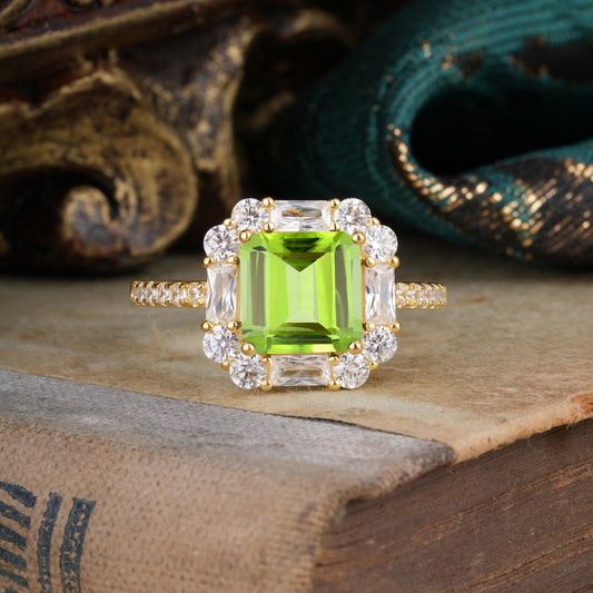 2.5CT Radiant Cut Peridot Cluster Engagement Ring