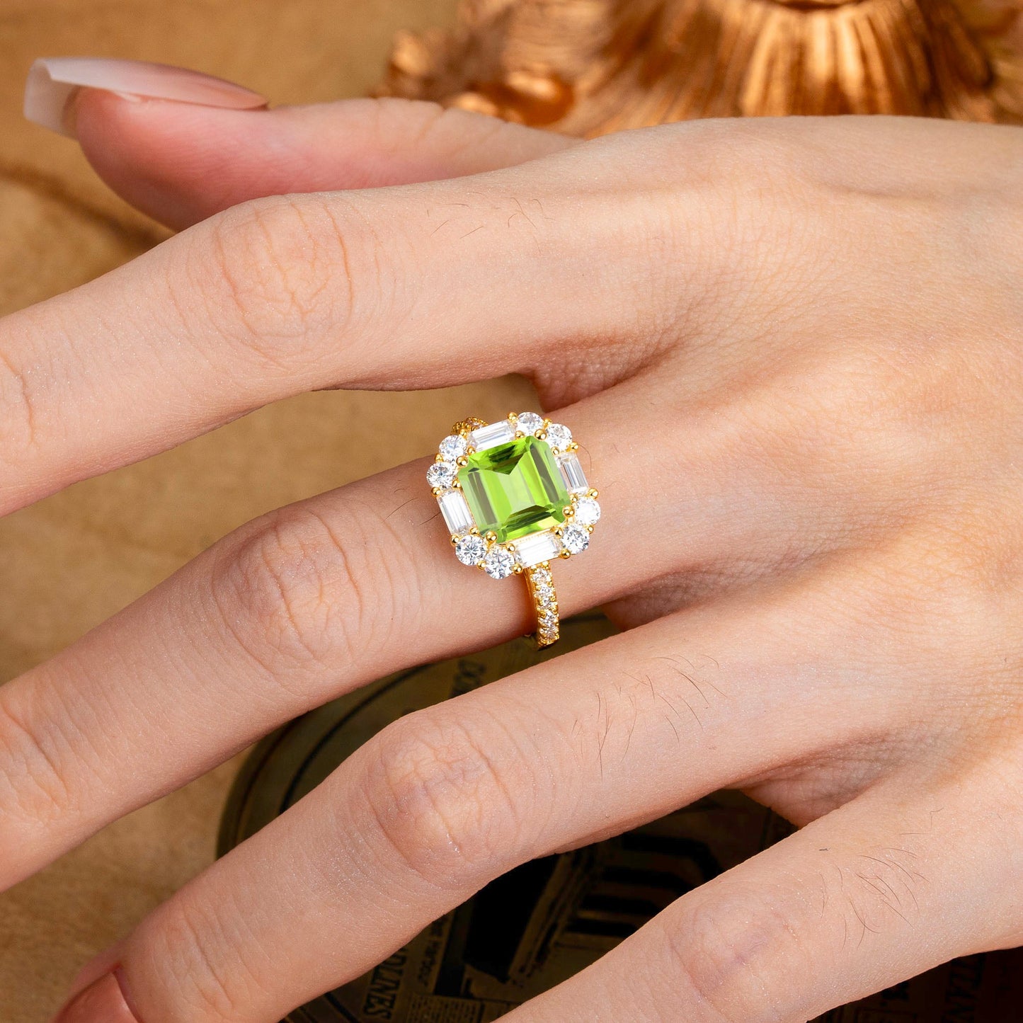 2.5CT Radiant Cut Peridot Cluster Engagement Ring